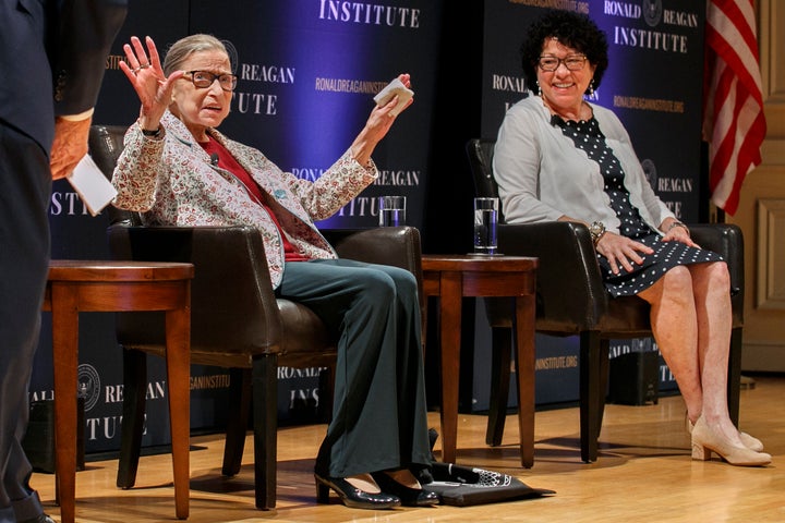 Supreme Court Justice Ruth Bader Ginsburg (left) and Justice Sonia Sotomayor at en event at the Library of Congress on Sept. 25, 2019, a year after they both issued a dissent in the case allowing President Trump's travel ban to take effect. 