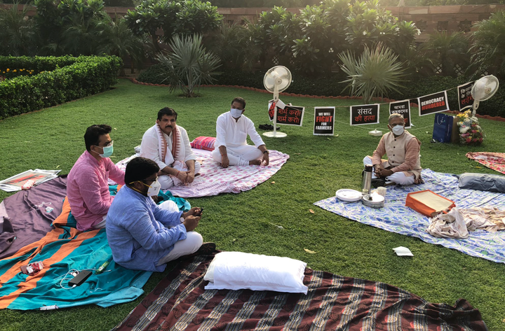 Protesting MPs inside the Parliament premises on Tuesday morning with Rajya Sabha deputy chairman Harivansh. 