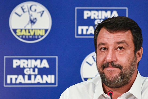 Leader of the Lega party, Italian senator Matteo Salvini gives a press conference at the headquarters of the Lega ...