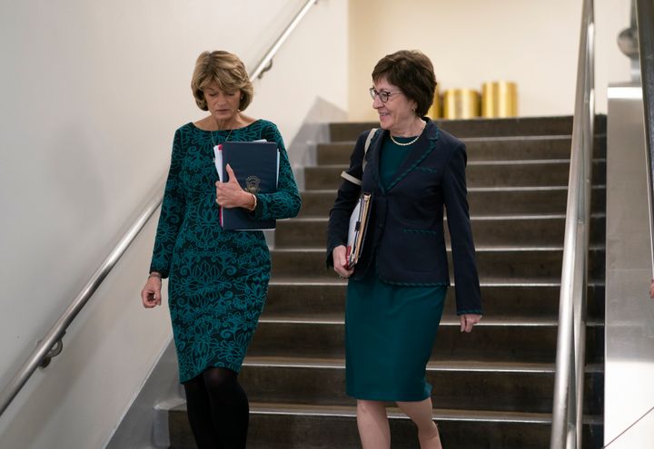 GOP Sens. Lisa Murkowski (Alaska) and Susan Collins (Maine) walk together following a vote at the Capitol in February. So far, they are the only Republicans to publicly break with their party’s leadership on the timing of a vote to confirm a Supreme Court nominee. 