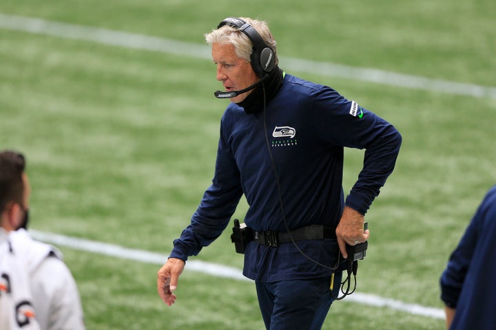 Seahawks Coach Pete Carroll walks the sidelines during his team's week 1 game at the Atlanta Falcons.