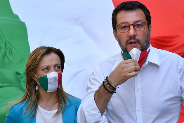 The head of the League party Matteo Salvini and the head of the Brothers of Italy (FdI) party, Giorgia Meloni ...