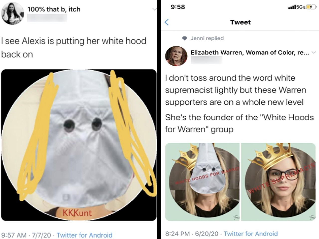 Multiple accounts lifted and photoshopped Lawson's profile image to show her wearing a Ku Klux Klan hood with the words "KKKunt" and "white supremacist."