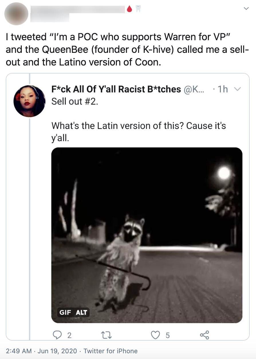 Delarosa tweeted an image of a raccoon with the caption: “What’s the Latin version of this? Cause it’s y’all.” "Coon," when used by white people, is a derogatory term for Black people; when used by other people of color, it's often defined as a Black person who is ignorant of white supremacy.