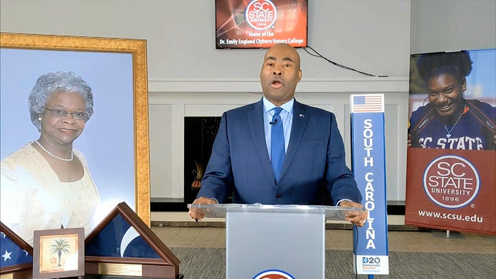 In this image from video, South Carolina Senate candidate Jamie Harrison speaks during the state roll call vote on the second night of the Democratic National Convention, Aug. 18, 2020.