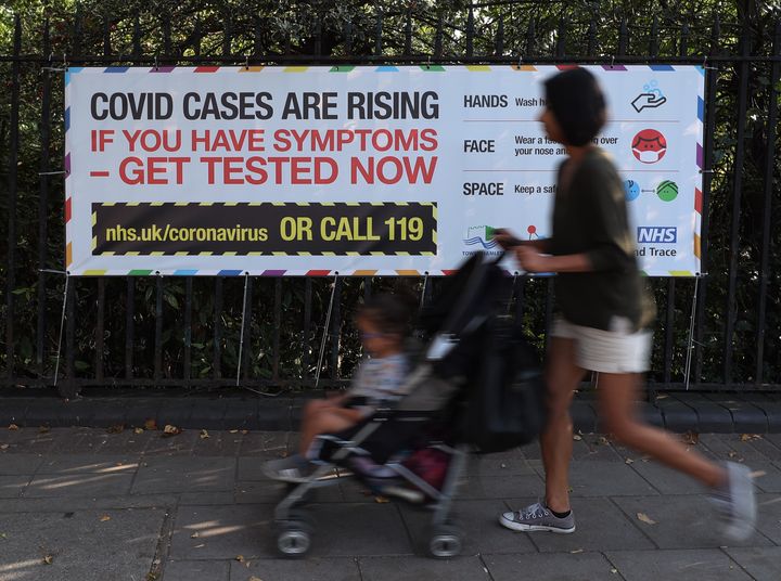 A public information sign warning of rising Covid-19 cases in London