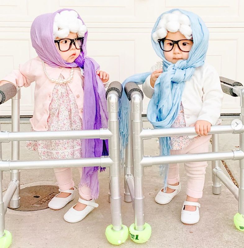 Toddlers dressed as seniors is a Halloween trend that never gets old. Mom made the wigs and Dad made the walkers for these twin sisters; find instructions for the costumes at themushymama.com.