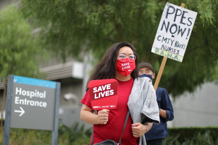 Nurses in Los Angeles participate in a national protest for personal protective equipment (PPE) and safer working practices i