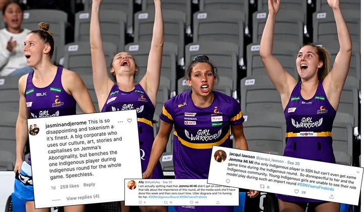 The Queensland Firebirds have been accused of tokenism for using player Jemma Mi Mi (second from left) to promote the Super Netball’s Indigenous round and then benching her during the game.