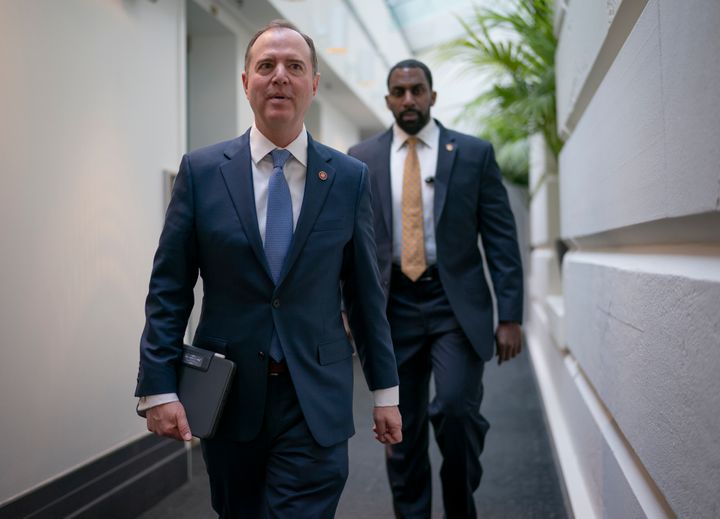 Lead House impeachment manager, Intelligence Committee Chairman Adam Schiff, D-Calif., arrives to meet with fellow Democrats at the Capitol in Washington, Wednesday, Feb. 5, 2020. (AP Photo/J. Scott Applewhite)