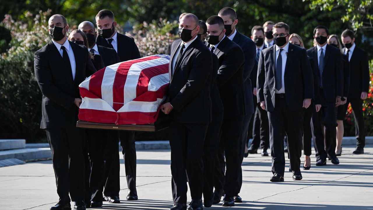 The casket of late Supreme Court Associate Justice Ruth Bader Ginsburg is carried at the U.S. Supreme Court, where it will lie in repose, on Sept. 23. 