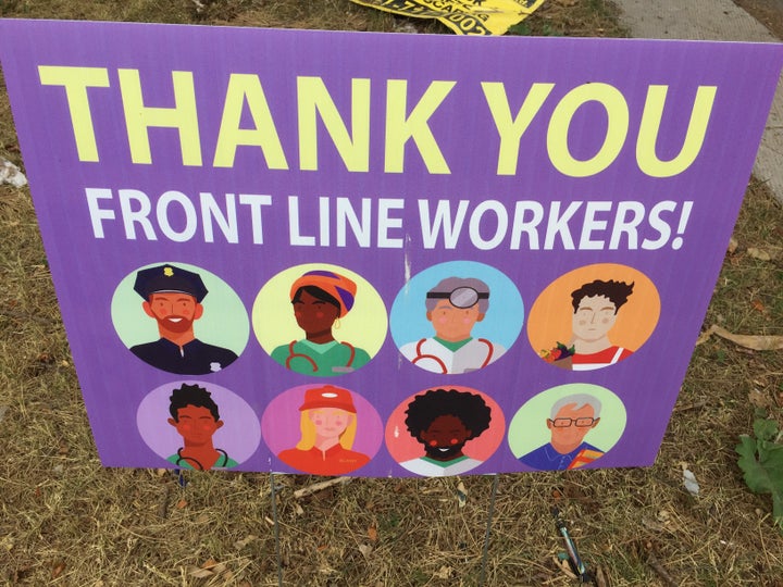 A sign thanking frontline workers during the COVID-19 pandemic in Toronto, Ont., on June 30, 2020. 