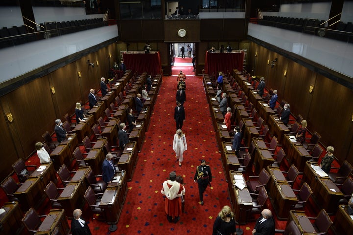 The procession including Gov.Gen. Julie Payette and Prime Minister Justin Trudeau arrives for the speech from the throne in the Senate chamber in Ottawa on Wednesday.