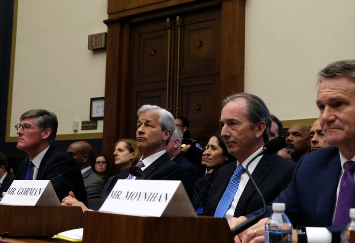 Bank CEOs are not a diverse group: (L-R) Michael Corbat, chief executive officer of Citigroup Inc., Jamie Dimon, chief executive officer of JPMorgan Chase & Co., James Gorman, chief executive officer of Morgan Stanley, and Brian Moynihan, chief executive officer of Bank of America Corp., listen during a House Financial Services Committee hearing on April 10, 2019. Seven CEOs of the country’s largest banks were called to testify a decade after the global financial crisis.