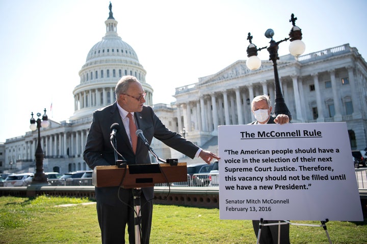 Senate Minority Leader Chuck Schumer (D-NY) has been pressing the case that Republicans are guilty of the rankest hypocrisy by pushing to confirm a Supreme Court justice with a presidential election looming after using the 2016 vote as their excuse for blocking then-President Barack Obama's high court nominee that year. The GOP Senate majority is paying little heed to Schumer's complaint. 