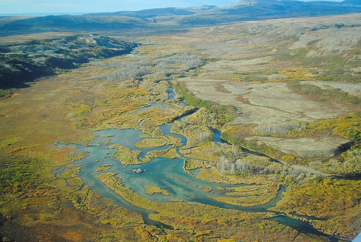 An aerial photo of Alaska's Bristol Bay watershed in Alaska. The area is home to the largest wild sockeye salmon fishery in the world.