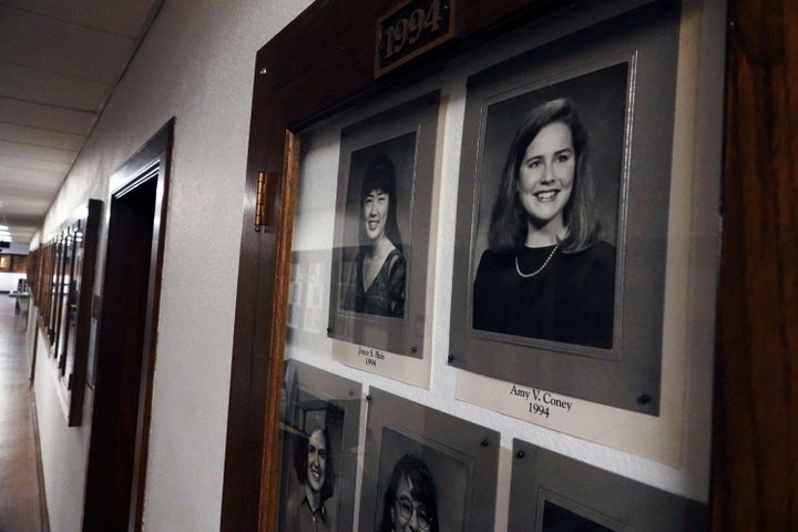 Photos of Amy Coney Barrett, a potential Supreme Court nominee, hang in the Hall of Fame of her alma mater Rhodes College in Memphis, Tennessee.