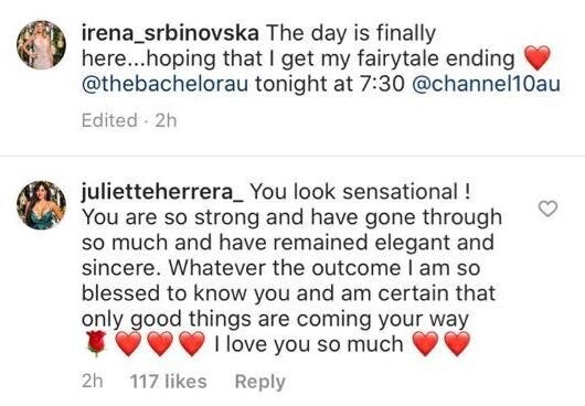 'The Bachelor Australia's Juliette Herrera throws her support behind Irena Srbinovska ahead of the grand finale