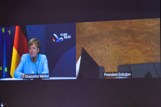 22 Σεπτεμβρίου 2020 Η Γερμανίδα Καγκελάριος σε βιντεοσύσκεψη περιμένει τον Τούρκο πρόεδρο Ερντογάν (Aris Oikonomou, Pool via AP)