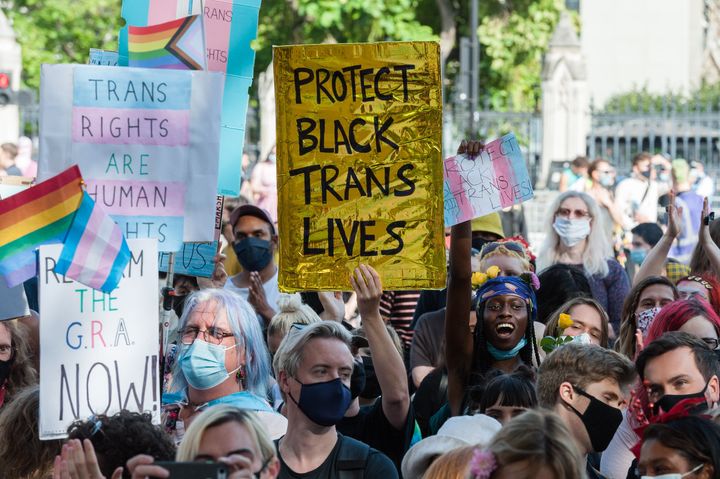 Transgender people and their supporters take part in a rally in Parliament Square during London's second Trans Pride protest march for equality