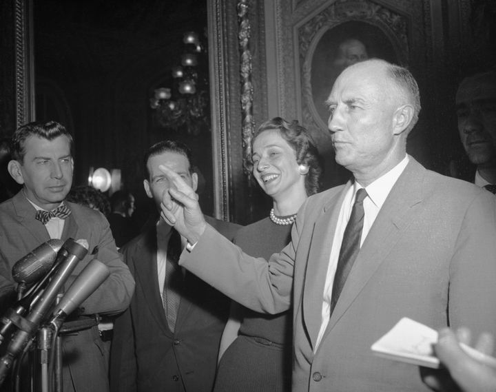 Senator Strom Thurmond (D-S.C.) is mobbed by reporters as he steps from the Senate Chamber after ending his 24-hour, 18-minute filibuster against the Civil Rights Bill on Aug. 29, 1957. Thurmond broke the record set in 1953 by Sen. Wayne Morse (D-Ore.).