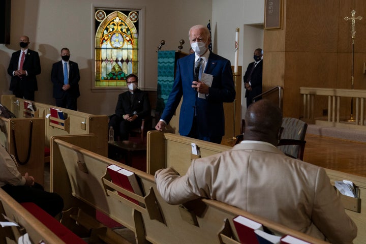 Biden speaks during a community event at Grace Lutheran Church in Kenosha on Sept. 3. 