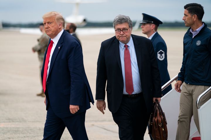 President Donald Trump, Attorney General William Barr and acting Homeland Security Secretary Chad Wolf arrive at Andrews Air Force Base after a trip to Kenosha, Wisconsin