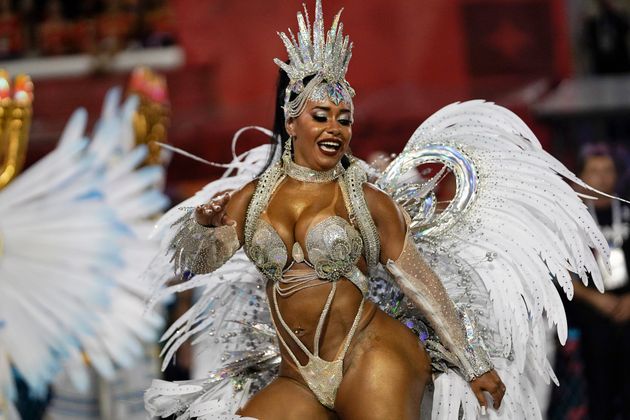 Drum queen Raissa de Oliveira from the Beija Flor samba school performs during Carnival celebrations...