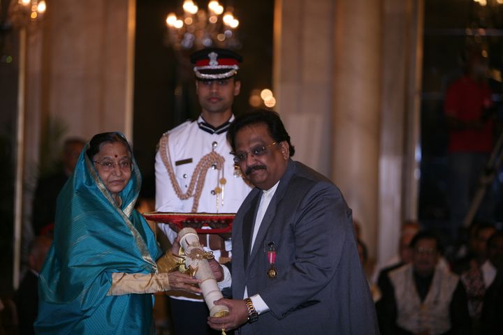 Former President Pratibha Patil presenting the Padma Bhushan to singer SP Balasubrahmanyam during the 2011 ceremony at the Rashtrapati Bhavan in New Delhi.