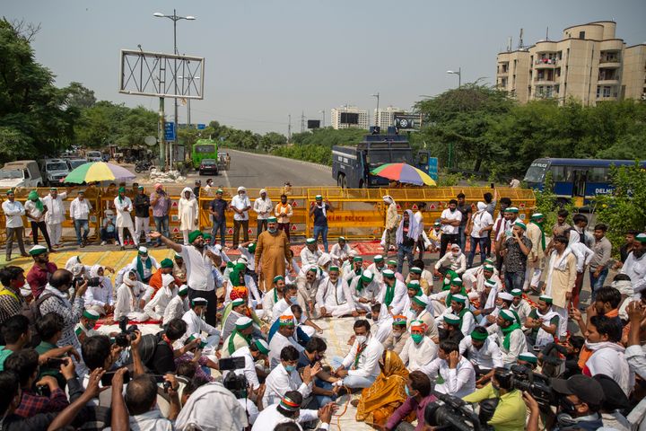 Indian protest at a highway in Noida on September 25, 2020. 
