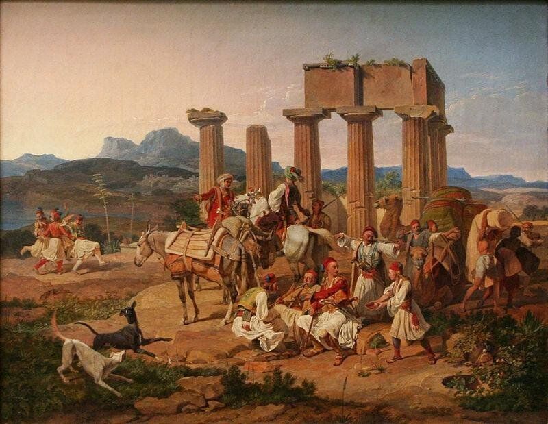 Karl von Heideck, Palikaren vor dem Tempel von Corinth (Παλληκάρια στο Ναό της Κορίνθου), 1829, 46 x 59,8 cm