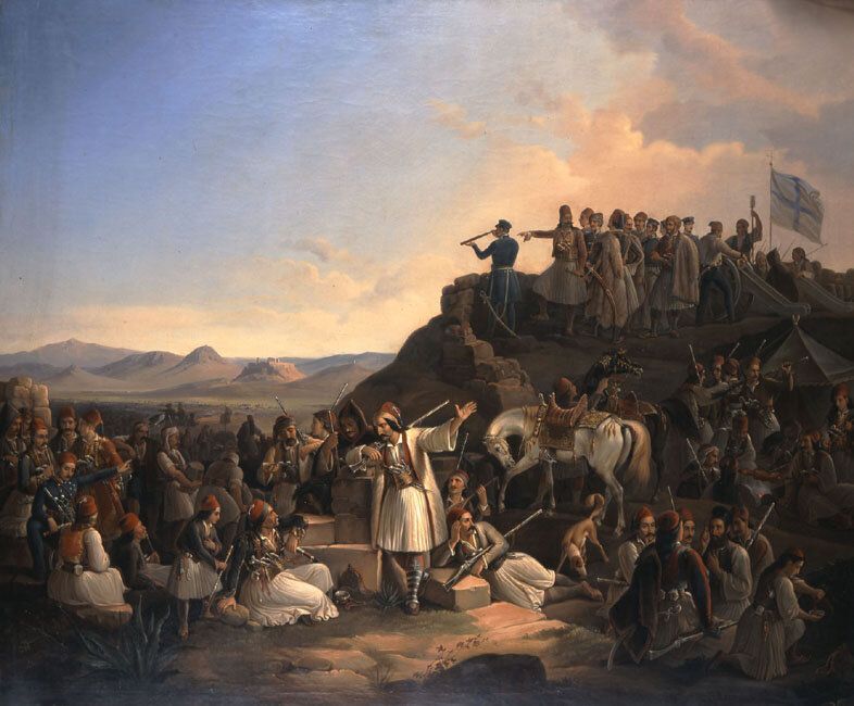 .Θεόδωρος Βρυζάκης, «Το εν Πειραιεί ευρισκόμενο στρατόπεδο του Καραϊσκάκη το έτος 1827» , 1855, 145 x 178 cm