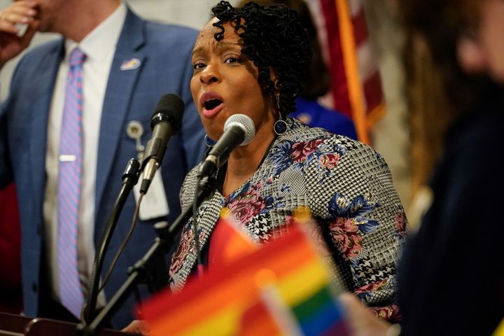 Kentucky Democratic Rep. Attica Scott, seen here at a February rally to advance LGTBQ rights held at the state Capitol in Frankfort, faces charges of first-degree rioting, failure to disperse and unlawful assembly stemming from protests Thursday night in Louisville.