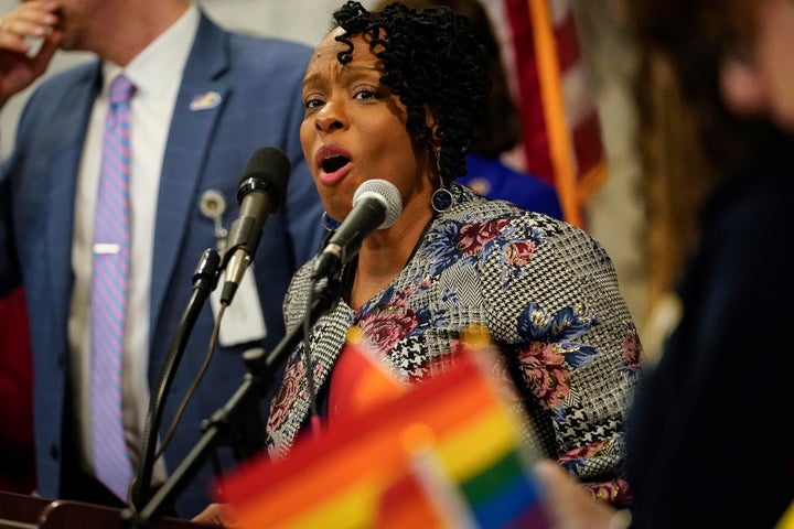 Kentucky Democratic Rep. Attica Scott, seen here at a February rally to advance LGTBQ rights held at the state Capitol in Frankfort, faces charges of first-degree rioting, failure to disperse and unlawful assembly stemming from protests Thursday night in Louisville.