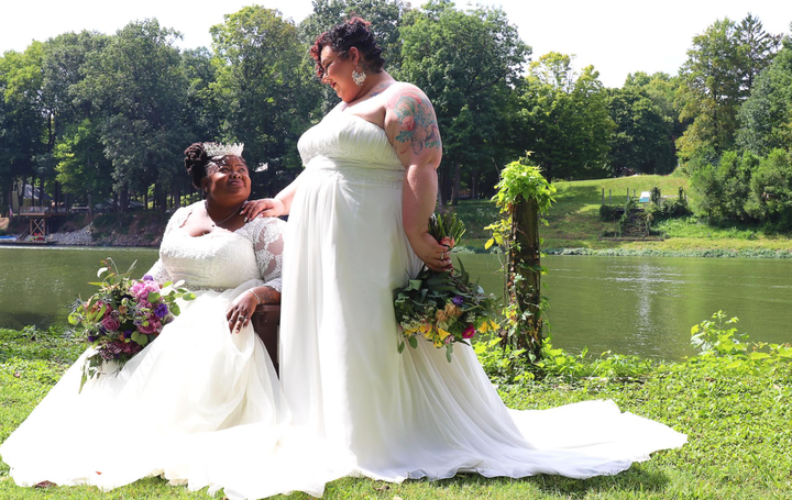 The author (right) with her wife, Jodyann Morgan, on their wedding day.