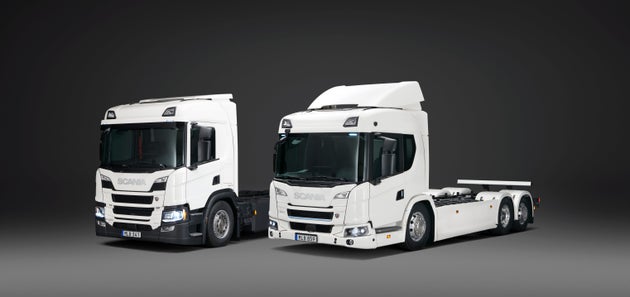 Scania P 360 plug-in hybrid 6x2 rear-steer rigid and Scania 25 L battery electric 6x2 rigid