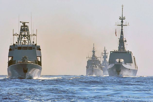 Ναυτική άσκηση με τη συμμετοχή της Γαλλίας, της Ελλάδας και της Κύπρου στην Ανατολική Μεσόγειο .(Greek Defense Ministry via AP)