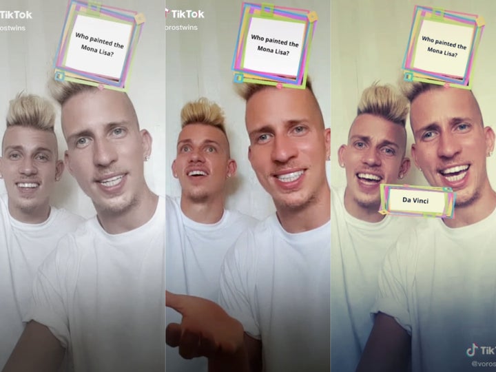 Screencaps from the twins' infamous "Da Vinki?" TikTok. 