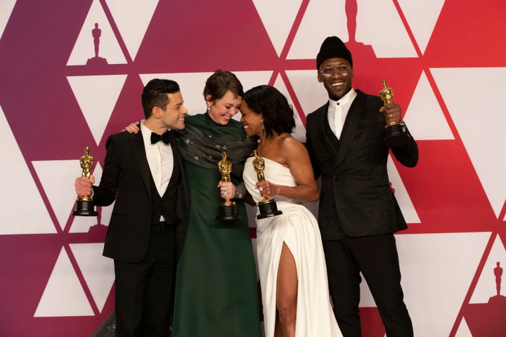 Actors Rami Malek, Olivia Colman, Regina King and Mahershala Ali backstage at the Oscars on Feb. 24, 2019.