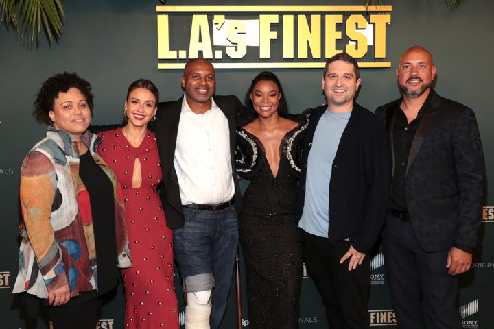 (Left to right) Pam Veasey, Jessica Alba, Brandon Sonnier, Gabrielle Union, Brandon Margolis, and Anton Cropper attend Spectr