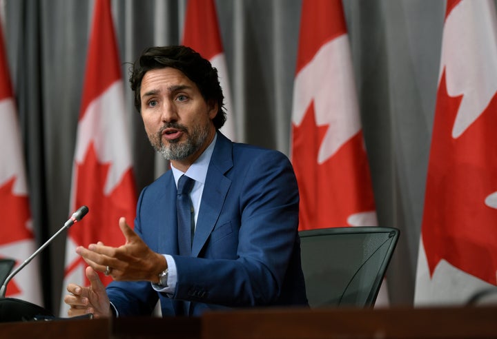 Prime Minister Justin Trudeau speaks during a news conference on the COVID-19 pandemic on Parliament Hill in Ottawa, on Friday.