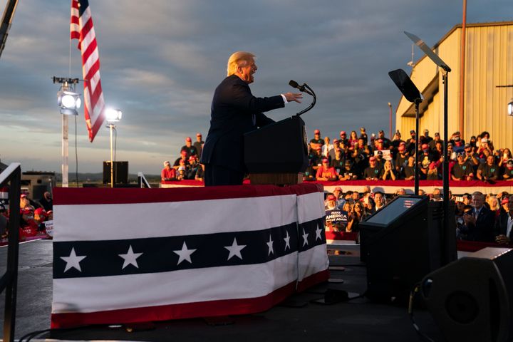 President Donald Trump speaks during a campaign rally at Arnold Palmer Regional Airport on Sept. 3, 2020, in Latrobe, Pennsylvania.