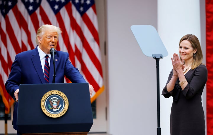 President Donald Trump announces Judge Amy Coney Barrett to fill the Supreme Court seat left vacant by the death of Justice Ruth Bader Ginsburg, at the White House, Sept. 26.