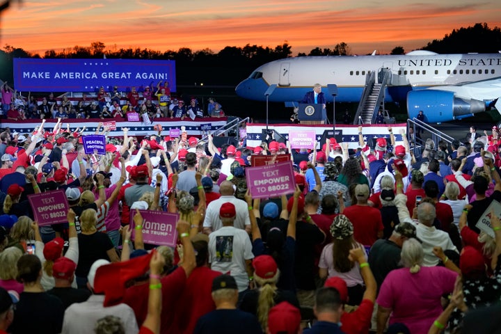<a href="https://www.huffpost.com/topic/donald-trump" role="link" data-ylk="subsec:paragraph;itc:0;cpos:__RAPID_INDEX__;pos:__RAPID_SUBINDEX__;elm:context_link">Donald Trump</a> addresses a crowd at a campaign event at the Arnold Palmer Regional Airport, Thursday, Sept. 3, 2020, in Latrobe, Pennsylvania.