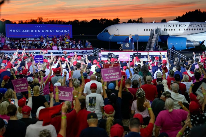 Donald Trump addresses a crowd at a campaign event at the Arnold Palmer Regional Airport, Thursday, Sept. 3, 2020, in Latrobe, Pennsylvania.