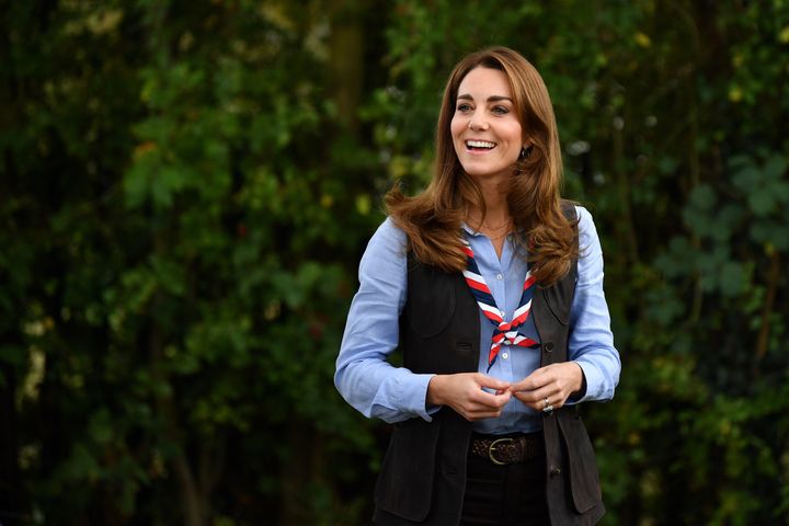 The Duchess of Cambridge arrives to visit a Scout Group in Northolt, northwest London where she joined Cub and Beaver Scouts in outdoor activities on Sep 29.