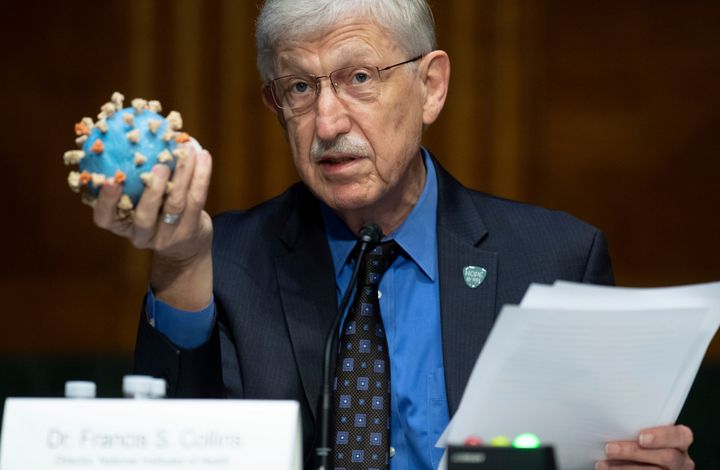 Francis Collins holds up a model of the novel coronavirus during a Senate subcommittee hearing on July 2, 2020, on Capitol Hill in Washington.
