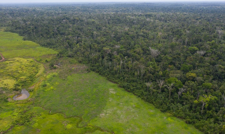 This Sept. 5, 2019 photo shows an aerial view of the Alto Rio Guama Indigenous Reserve next to a deforested area owned by cattle ranchers in Brazil's Pará state. After years of progress, there has recently been a sharp increase in deforestation and forest fires in Brazil.