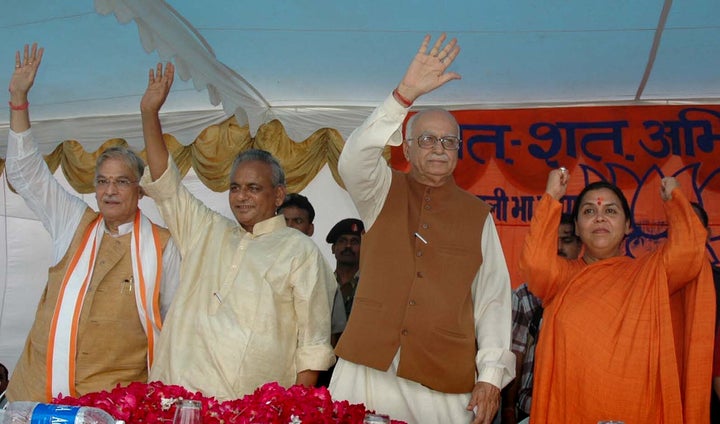  LK Advani and other senior BJP leaders Uma Bharati, right, Kalyan Singh, second left, and Murli Manohar Joshi at a public rally in Rae Bareilly, Uttar Pradesh, Thursday, July 28, 2005.