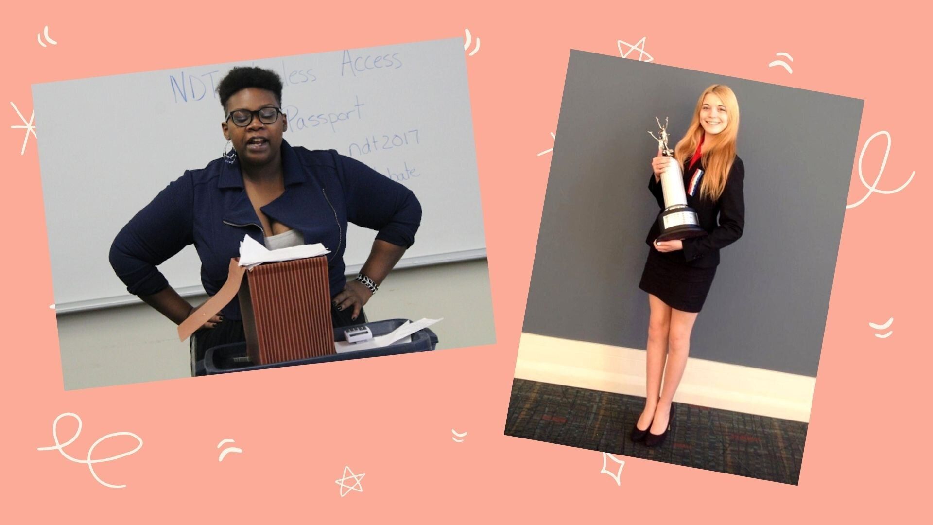 Nicole Nave in 2017 when she was a collegiate debater; Katie Hughes at Nationals in 2014.
